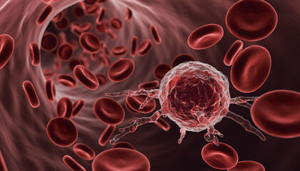 A Three-Dimensional Microscopic Render of a Mutated cancer cell floating in bloodstream surrounded by healthy red blood cells, metastasis concept.