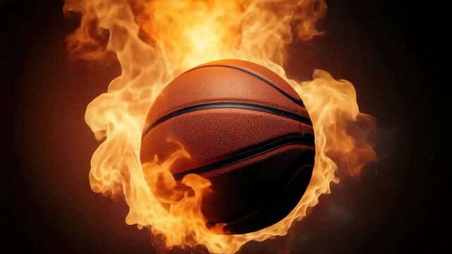 Basketball on fire with blazing flames around  