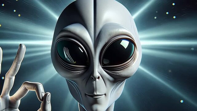 A humanoid alien with large black eyes and gray skin. The alien is making an 'OK' gesture with its right hand. A bright light source is in the background.