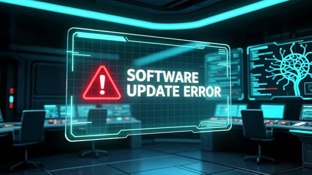 Futuristic interface showing red warning triangle and software update error text, system optimization alert in cyber lab