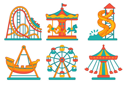 Colorful amusement park rides and attractions evoke childhood joy in a festive setting