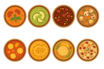 Fototapeta premium Variety of colorful soups and stews in bowls on a light background