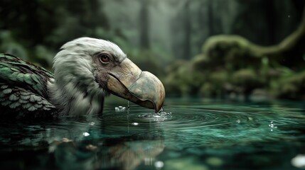 Obraz premium Large Shoebill Drinking in Forest Pond