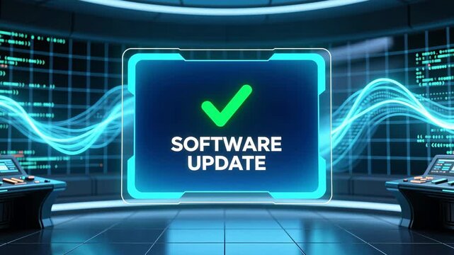 Holographic panel shows successful software update with green checkmark in high tech room, system optimization concept