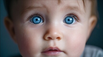 Baby's bright blue eyes stare in close-up, blurred background, for tender moments use