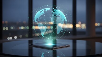 Holographic globe displayed on a table in a modern office