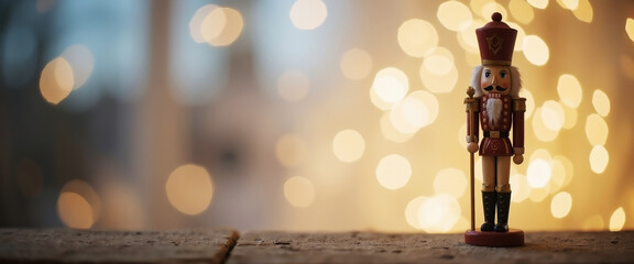 Wooden nutcracker toy with glowing warm light as backdrop on table, nutcracker soldier stands upright. Glowing warm light enhances festive and cozy seasonal decoration.