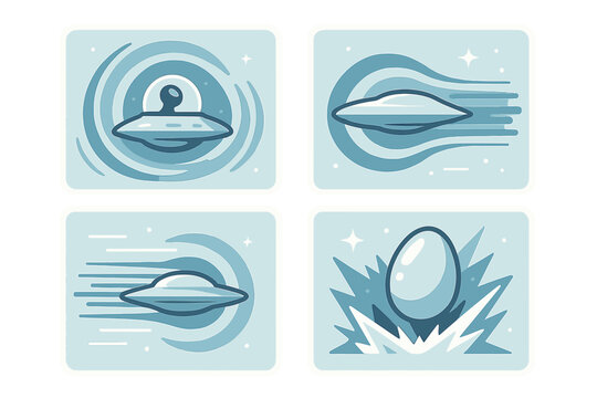 UFOs in motion with an egg and comic-style illustration showcasing alien themes