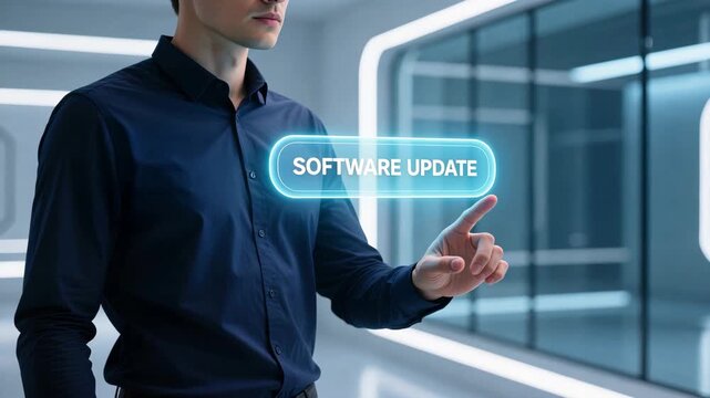 Man reaching holographic software update button in dark modern space, system optimization interface