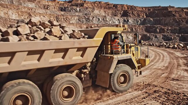A driver in safety gear operates a vehicle in a quarry, overlooking an excavation site