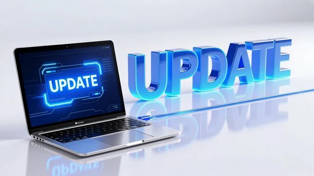 Laptop connected to bold 3d update text on reflective surface and glowing text update on laptop screen, system optimization theme