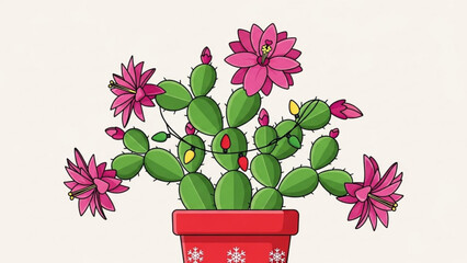 Christmas cactus illustration with vibrant pink blooms and festive holiday lights in a decorative snowflake pot, celebrating winter season