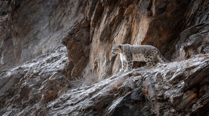 Fototapeta premium Camouflaged snow leopard walking along a rugged, snowy mountain cliff face in bright sunlight