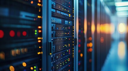 Modern data center corridor with glowing server racks and warm indicator lights, ideal for IT infrastructure visuals, cloud technology themes, digital marketing, and professional tech presentations