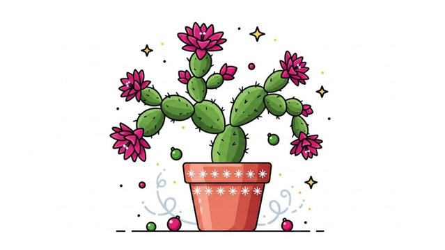 Vibrant christmas cactus illustration blooming with bright pink flowers in a decorative pot, surrounded by festive ornaments and sparkling elements - Powered by Adobe