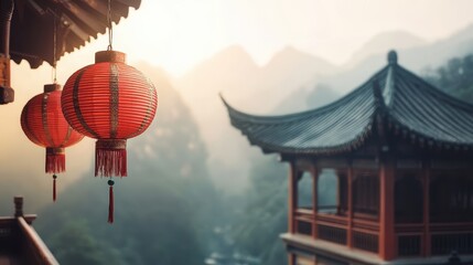 Two traditional red chinese lanterns hanging in the foreground with a scenic view of a pagoda and misty mountains at sunrise or sunset