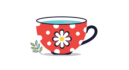A charming illustration of a red teacup with white polka dots and a daisy flower decoration, isolated on a white background.