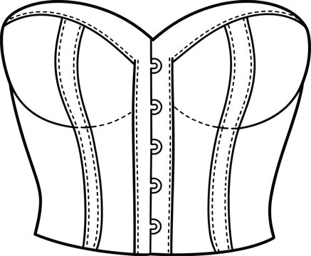 Corset top sketch, structured cups, vertical seams, hook closure, fashion design, garment construction, flat vector illustration