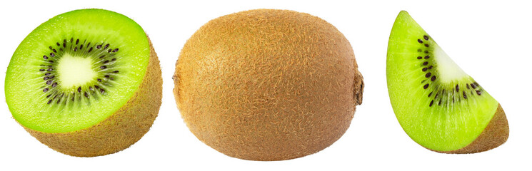 Half of kiwi and slice with whole kiwi fruit. Green kiwi with slices collection isolated. 