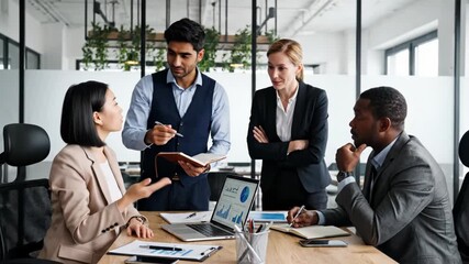 Diverse business team meeting in modern office, pointing at laptop screen with financial chart and discussing strategy - Powered by Adobe