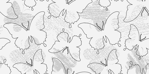Black outline butterflies on a light gray background with grunge butterfly silhouettes. Endless texture with abstract cute insect. Vector seamless pattern for wrapping paper, giftwrap, surface texture