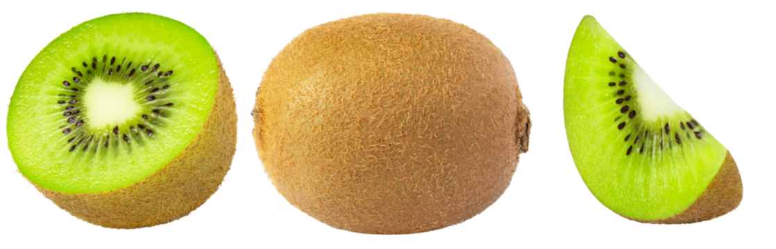Half of kiwi and slice with whole kiwi fruit. Green kiwi with slices collection isolated. 