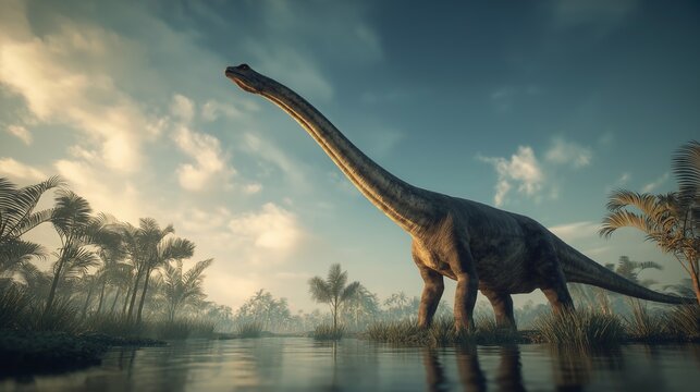 Brachiosaurus altithorax wading through marsh at dawn