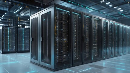 Naklejka premium Rows of sleek, metallic server racks illuminate a modern data center with glowing blue lines on the floor, suggesting high-tech infrastructure and digital processing power