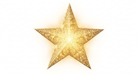 Gold Star with Ornamental Details and Shimmering Light on White Background