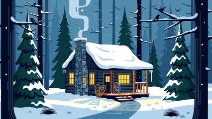 Cozy wooden cabin nestled deep within a snowy winter forest with smoke rising from the chimney under a dark blue sky