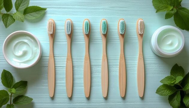 Bright overhead shot of sustainable wooden toothbrushes and fresh green leaves, promoting natural and zero-waste bathroom products.