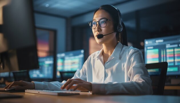 Dedicated female call center operator or IT professional wearing a headset, working confidently in a modern, dark office. - Powered by Adobe