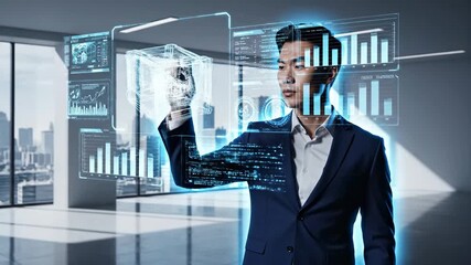 Digital information overload concept showing a stressed executive managing a holographic interface with data and charts, leading to a burnout effect with his head exploding into digital particles - Powered by Adobe