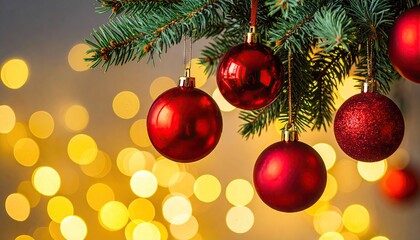 Festive red Christmas ornaments hanging on a fir tree branch with blurred golden bokeh lights.