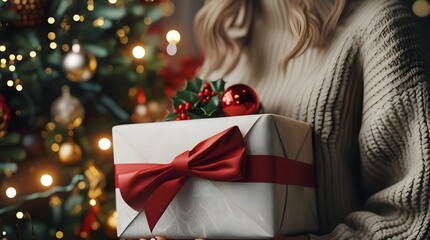 Couple exchanging christmas gift with red bow on background of christmas tree with lights. Stylish couple hands holding present with red ribbon close up