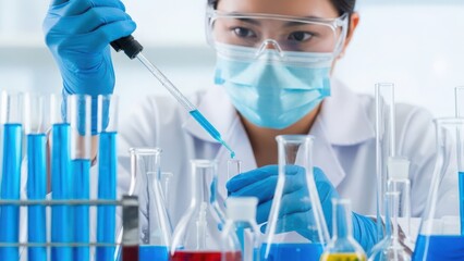 Scientist with mask, goggles, gloves pipetting blue liquid for chemical experiment.