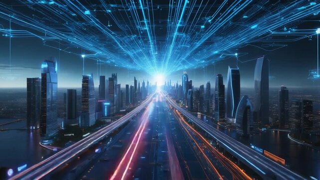 futuristic neon city skyline with dazzling lights