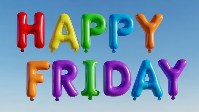 Happy Friday rainbow balloon letters against a blue sky.