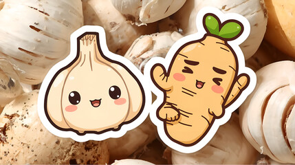Garlic and Ginger Characters on Organic Background  