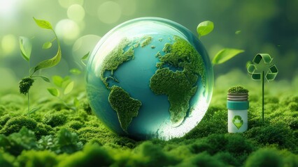 Earth globe, surrounded by greenery and recycling symbols.  A serene image