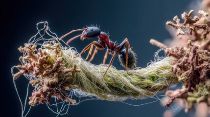 Ant crawls on textured string tied to dried, coral-like plant matter in macro focus