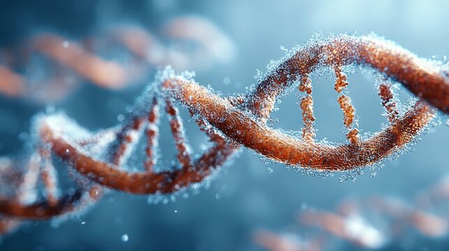 Close-up of DNA helix model with particles in soft-focus, research background for science - Powered by Adobe