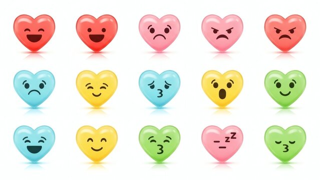 A colorful collection of 3D heart-shaped emojis displaying a wide range of emotions on a white background.