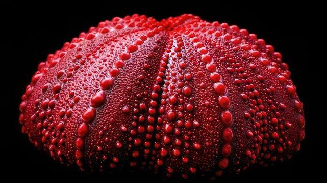 A red sea urchin shell (test) close-up, with bead-like tubercles along its ribs and water droplets on the surface.