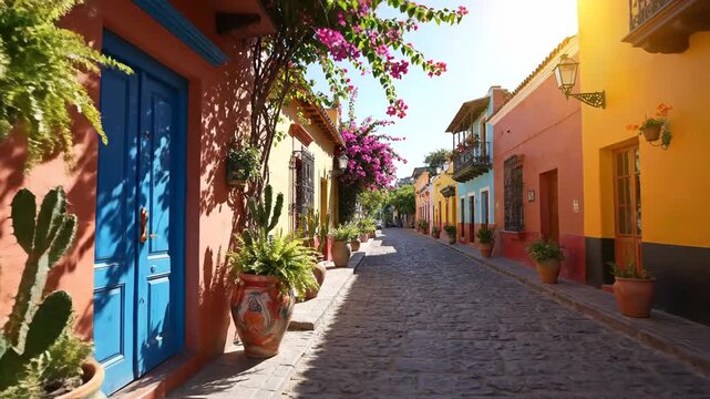 Vibrant colonial street scene with colorful buildings and lush greenery