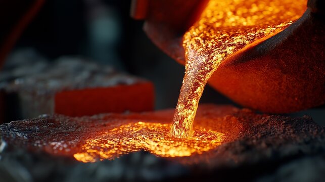 Molten metal being poured into a mold during metalworking at a workshop - Powered by Adobe