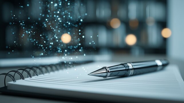 Writing reflections on a blank notebook with sparkling light effects in a cozy indoor environment