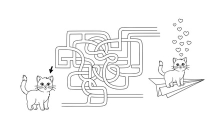 Obraz premium Maze puzzle coloring page for kids to help a cute kitten find its way through a labyrinth to a paper airplane.