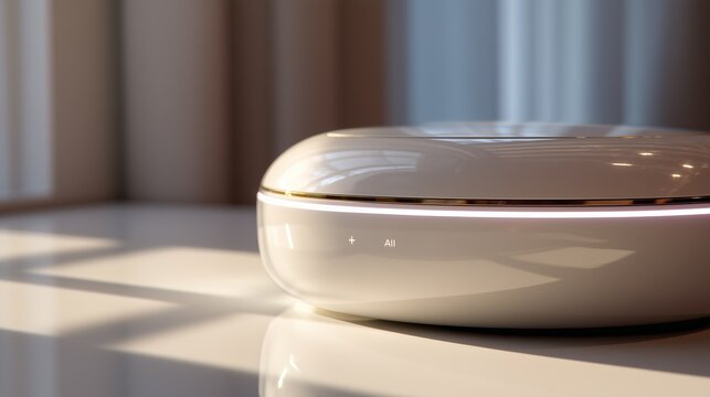 Modern clean interior with smooth round gadget placed on bright sunlit surface creating soft reflections