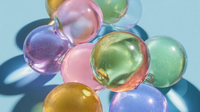 Colorful glass spheres floating, casting shadows, on a bright blue background, abstract concept